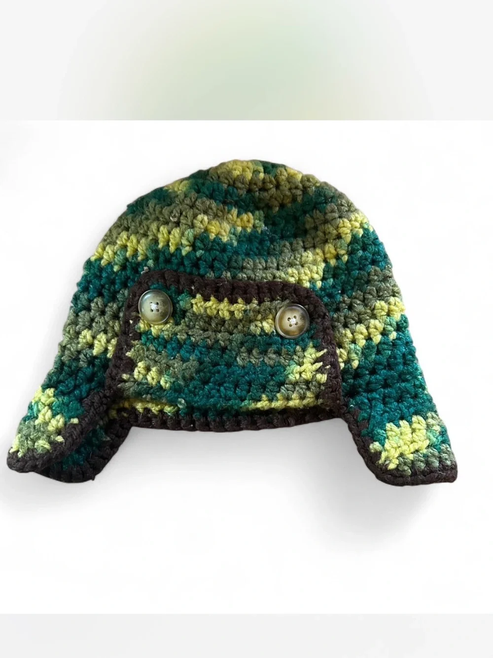 Handmade Crocheted Earflap Hat in Green & Yellow